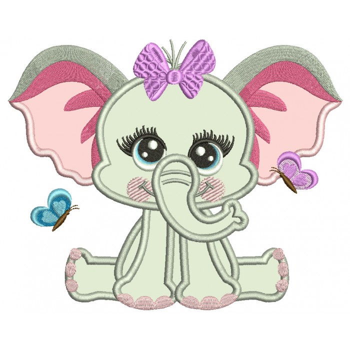 Cute Baby Girl Elephant With Butterflies Applique Machine Embroidery ...