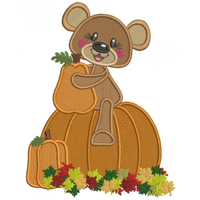 Cute Little Bear Sitting On The Giant Pumpkin With Leaves Fall Filled ...